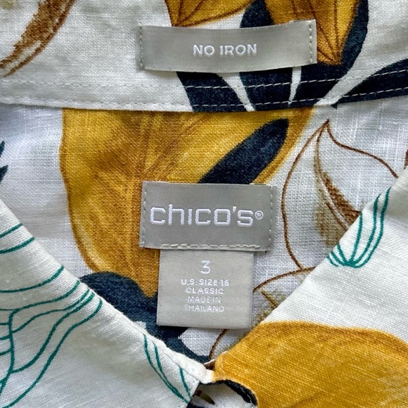 Chico’s No Iron Linen Shirt Size 16 Tropical Garden 3/4 Sleeve Gold NEW - Picture 11 of 14